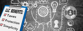 Checklist of LLC benefits including taxes, protection, and simplicity with visual icons.