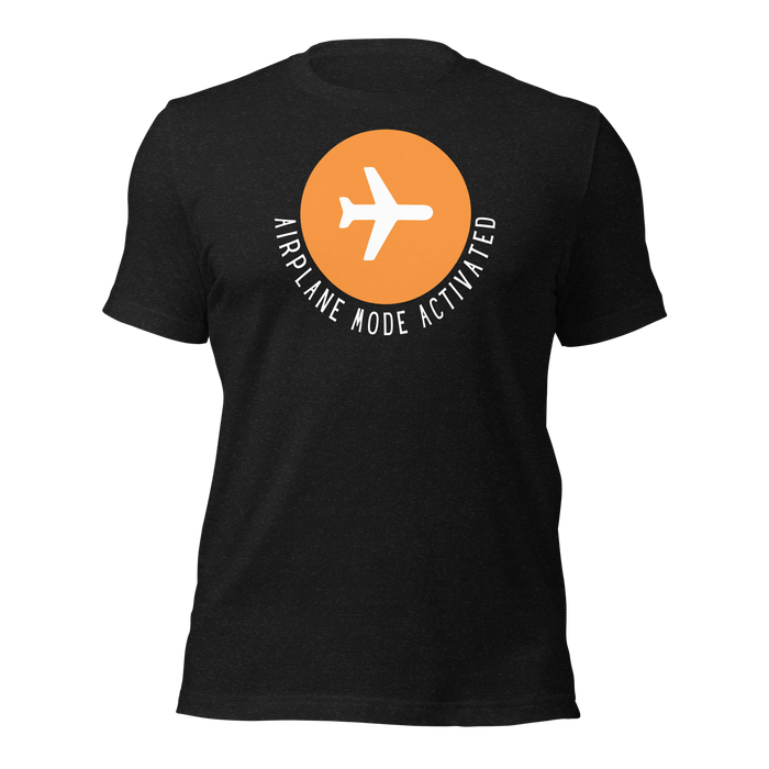 Airplane Mode Activated T-Shirt – In Vacay Mode featuring a bold airplane graphic on a black tee.