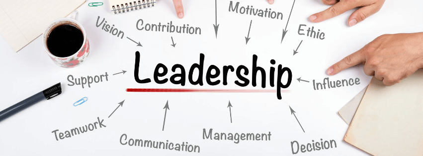 Leadership concepts illustrated with keywords like influence, teamwork, and communication on a workspace.