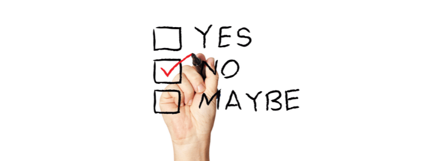 Hand checking 'No' option in a list of choices: Yes, No, Maybe.