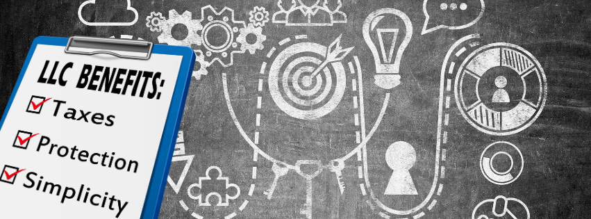 Checklist of LLC benefits including taxes, protection, and simplicity with visual icons.