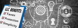 Checklist of LLC benefits including taxes, protection, and simplicity with visual icons.