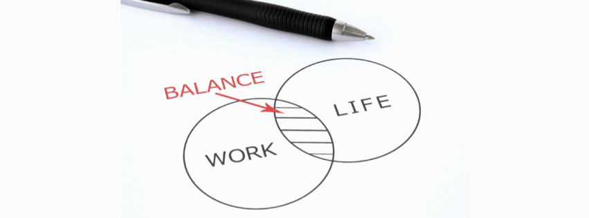 Venn diagram illustrating work-life balance with 'work' and 'life' circles overlapping.