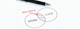 Venn diagram illustrating work-life balance with 'work' and 'life' circles overlapping.