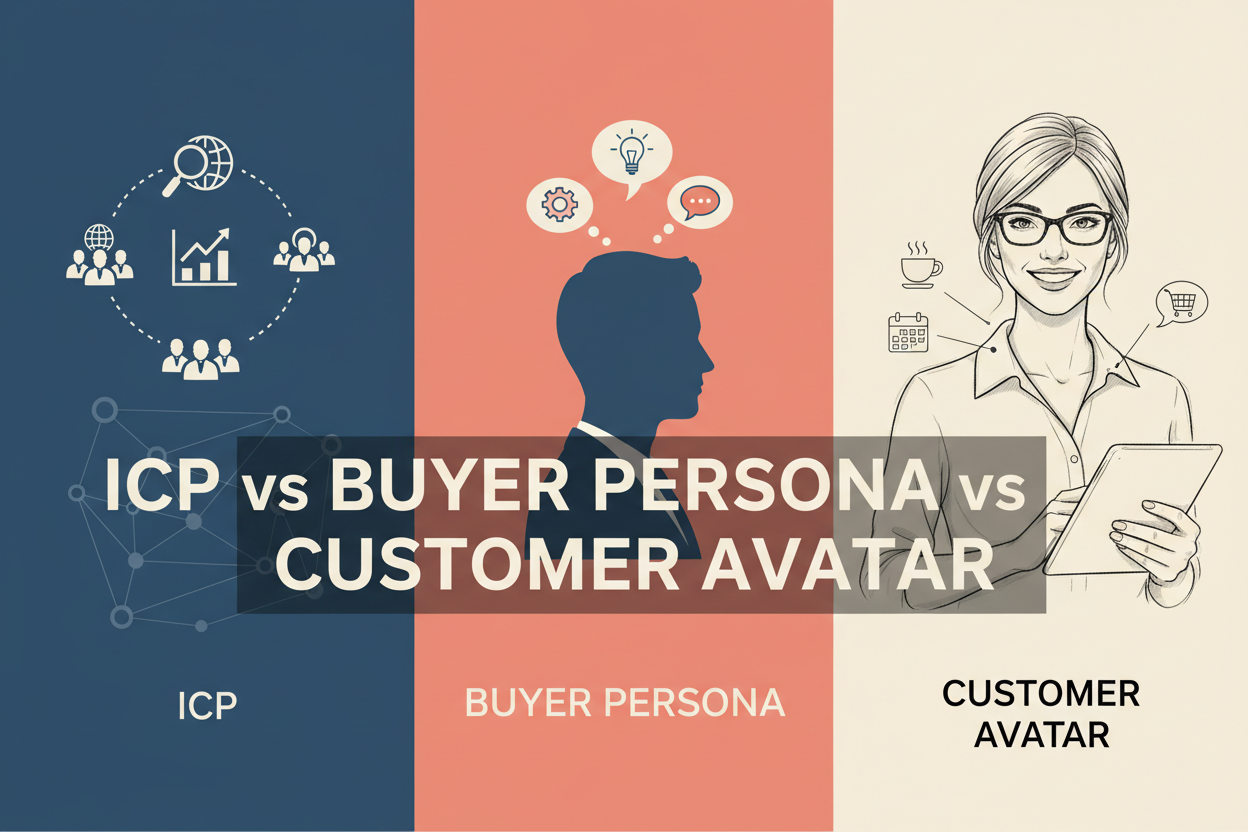 ICP vs Buyer Persona vs Customer Avatar comparison image illustrating key differences.