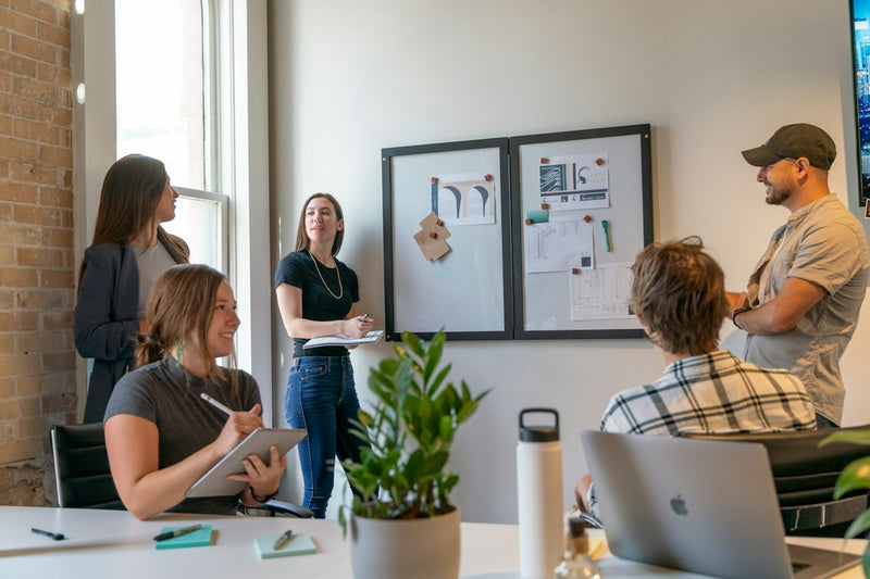 A group of people in a sunlit office during a collaborative workspace meeting