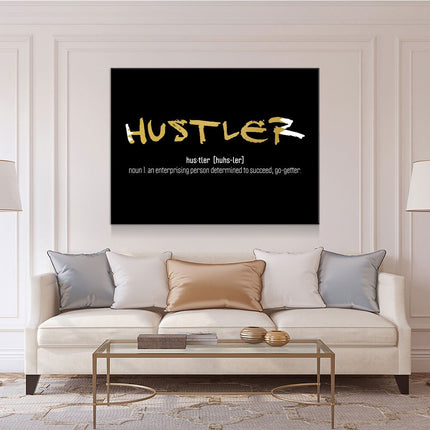 Hustler Definition Canvas Wall Art, Motivational Wall Decor, Hustler Art, Office Art, Success Quotes, Hustle in stylish living room.