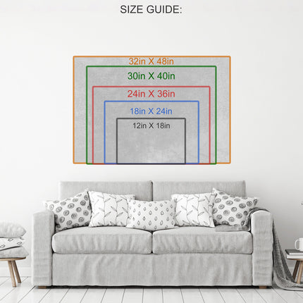 Size guide for Hustler Definition Canvas Wall Art displayed above a couch, showing available canvas sizes for wall decor.
