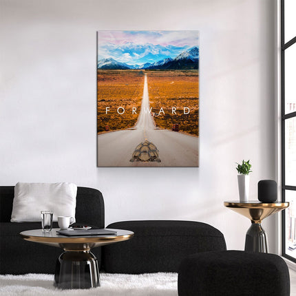 Forward Canvas Wall Art, Motivational Wall Art, Inspirational Decor, Office Art, Home Office Decor, Turtle Art in a modern living room.