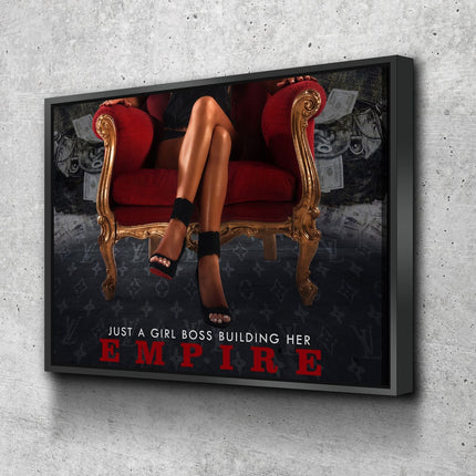 Girl Boss canvas wall art featuring a woman seated in an elegant chair with the text 'Just A Girl Boss Building Her Empire'.