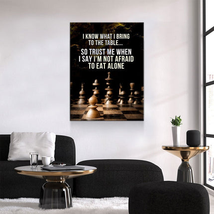 I Know What I Bring To The Table” Canvas Wall Art | Chess-Inspired Motivational Quote displayed in modern living room.