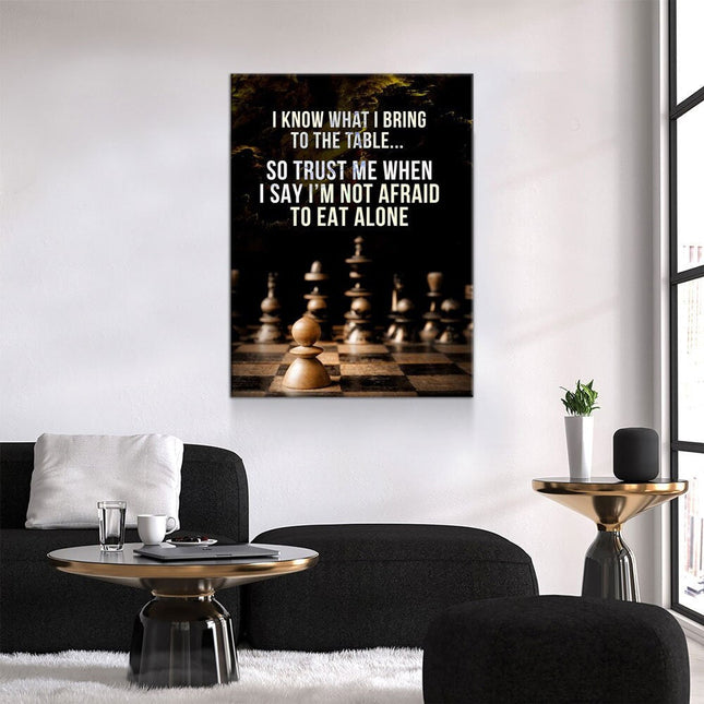 I Know What I Bring To The Table” Canvas Wall Art | Chess-Inspired Motivational Quote displayed in modern living room.