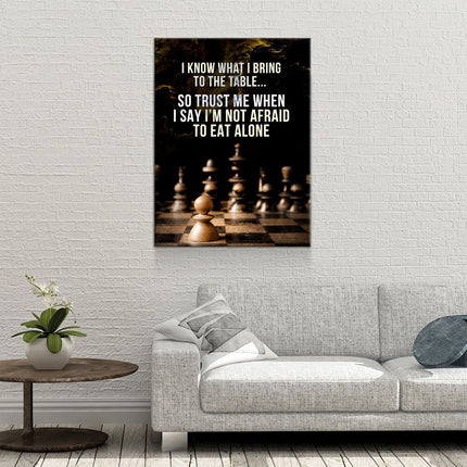 I Know What I Bring To The Table” Canvas Wall Art | Chess-Inspired Motivational Quote displayed in a modern living room setting.