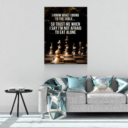 I Know What I Bring To The Table” Canvas Wall Art | Chess-Inspired Motivational Quote displayed in a modern living room.