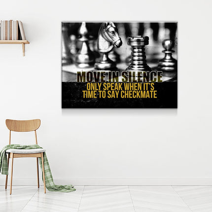 Move In Silence Canvas Wall Art, Checkmate, Motivational Wall Decor, Chess Quote in modern interior setting.