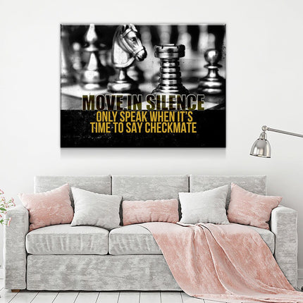 Move In Silence Canvas Wall Art, Checkmate, Motivational Wall Decor, Chess Quote displayed in a stylish living room.
