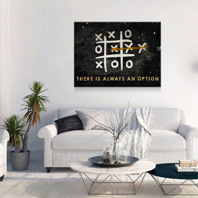 There Is Always An Option Canvas Wall Art featuring Tic Tac Toe design in modern living room decor.