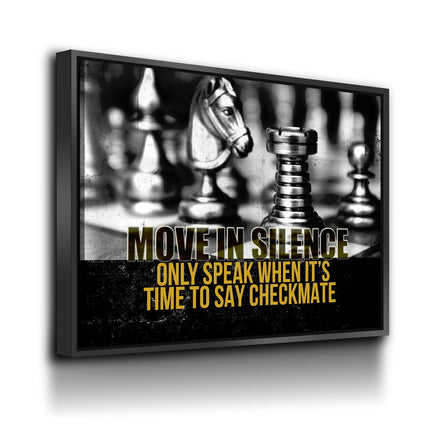 Move In Silence Canvas Wall Art, Checkmate, Motivational Wall Decor, Chess Quote on a chess-themed canvas with bold text.