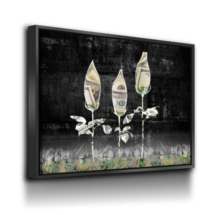 Money Roses Canvas Wall Art featuring abstract money roses on a black background, perfect for inspirational office decor.