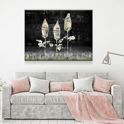 Money Roses Canvas Wall Art showcasing abstract flowers made of money, ideal for inspirational and office decor.