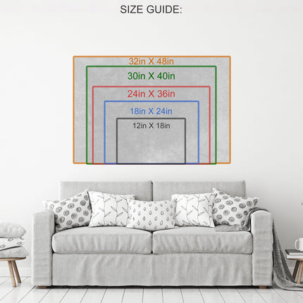 Size guide for Money Roses Canvas Wall Art showcasing dimensions: 12in X 18in to 32in X 48in on a living room wall.