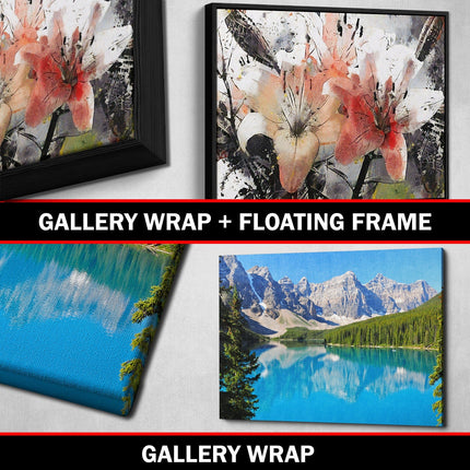 Gallery Wrap and Floating Frame with Abstract Flower and Scenic Landscape Canvas Art