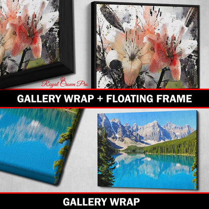 Gallery Wrap + Floating Frame canvas art with floral and scenic designs for stylish wall decor.