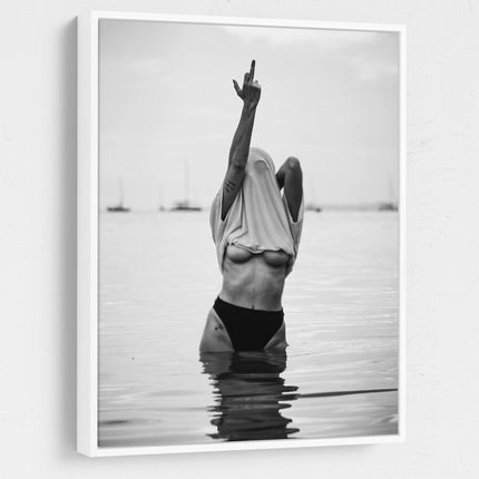 Feminist Attitude Canvas Wall Art, Woman Middle Finger Print, Black and White Female Print, Woman Water Flip Off, Vintage Print, Fashion Art