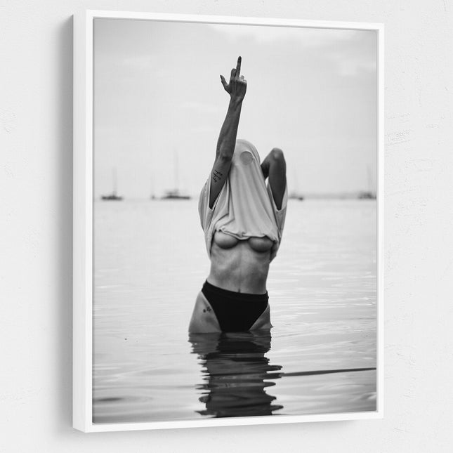 Feminist Attitude Canvas Wall Art, Woman Middle Finger Print, Black and White Female Print, Woman Water Flip Off, Vintage Print, Fashion Art