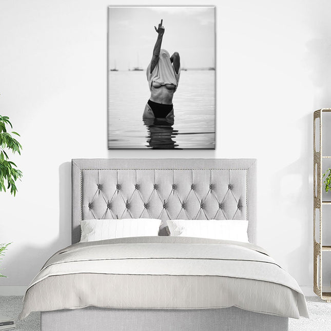 Feminist Attitude Canvas Wall Art, Woman Middle Finger Print, Black and White Female Print, Woman Water Flip Off, Vintage Print, Fashion Art