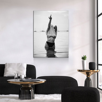 Feminist Attitude Canvas Wall Art, Woman Middle Finger Print, Black and White Female Print, Woman Water Flip Off, Vintage Print, Fashion Art