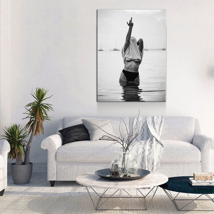 Feminist Attitude Canvas Wall Art, Woman Middle Finger Print, Black and White Female Print, Woman Water Flip Off, Vintage Print, Fashion Art