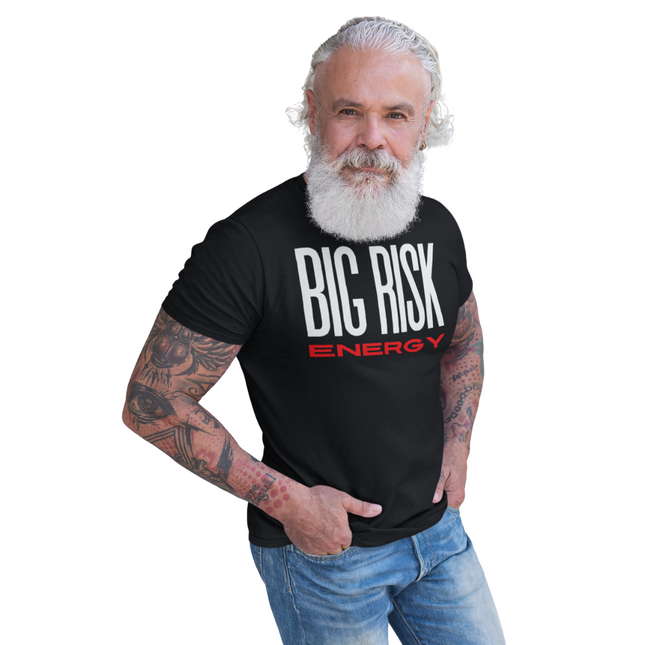 Big Risk Energy T-Shirt – For Entrepreneurs Who Bet on Themselves, worn by a confident man with tattoos.
