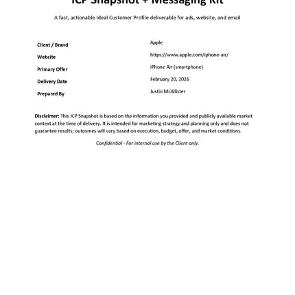 ICP Snapshot + Messaging Kit document with client details for marketing deliverable.