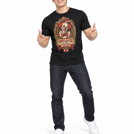 A man modeling a black crewneck t-shirt with a large graphic print on the front. The graphic features a skull in a bow tie inside a gold wreath with the text 'EMPLOYER LOVES MONTH' in red and gold.