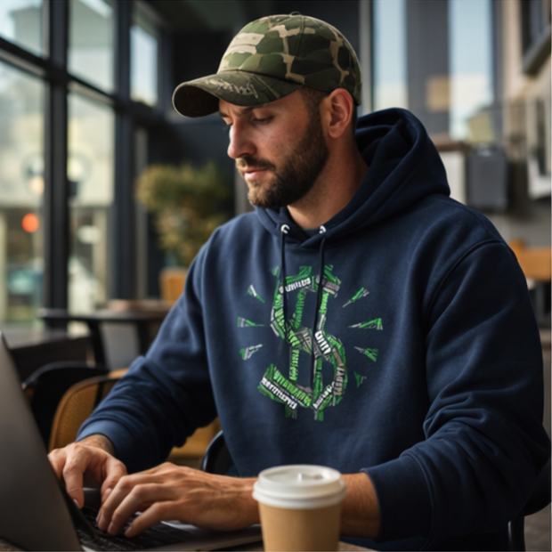 Man wearing a blue hoodie with green text and a camouflage cap using a laptop in a cafe.