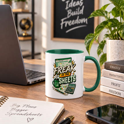 A white ceramic coffee mug with a green handle and interior is displayed on a wooden desk. The mug features a graphic design with the text 'FREAKING SHEETS' and spreadsheet illustrations.