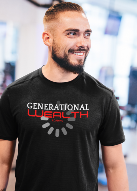 Man wearing Generational Wealth Loading T-Shirt, representing aspirations for financial freedom and legacy.