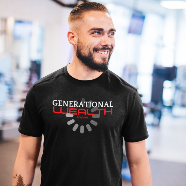 Generational Wealth Loading T-Shirt – Build, Hustle, Legacy worn by a man in a gym setting, showcasing entrepreneurial spirit.