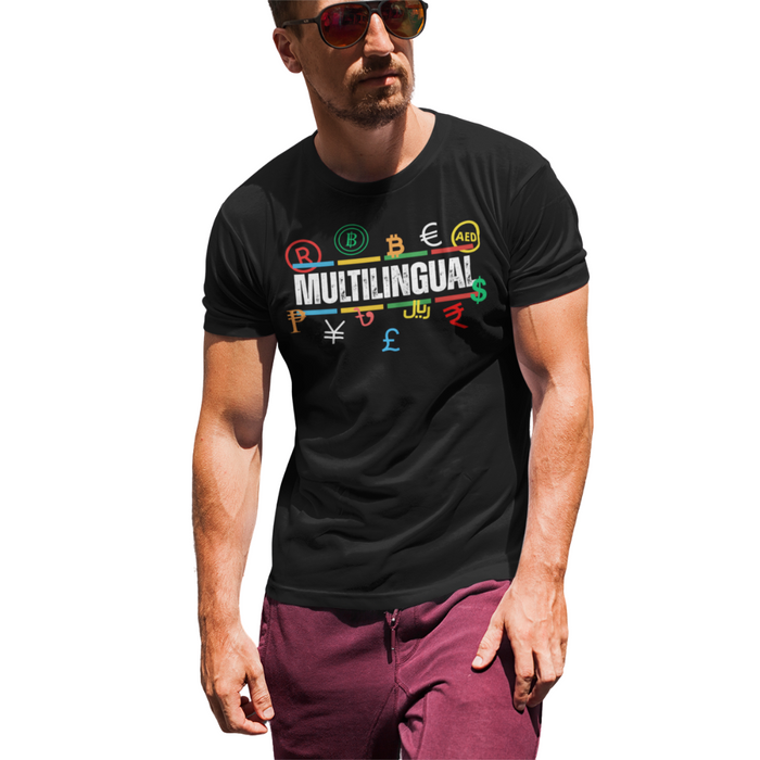 Multilingual Money T-Shirt – Speak Success in Every Language worn by a man, showcasing global currency symbols.