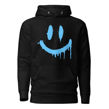 Smiley Face Hoodie – Premium Unisex Apparel for Chill Vibes featuring a blue smiley graphic on a black background.