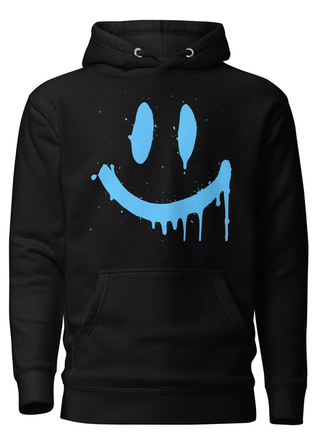Smiley Face Hoodie featuring a blue dripping smiley graphic on a black background for chill vibes.