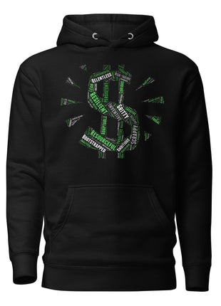 Entrepreneur Word Cloud Premium Hoodie featuring motivational words like Grit and Hustle on a stylish black background.