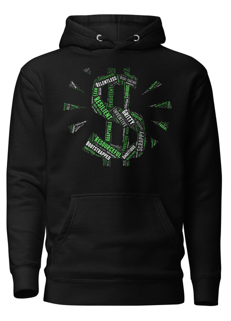 Entrepreneur Word Cloud Premium Hoodie featuring motivational words like Grit and Hustle on a stylish black background.