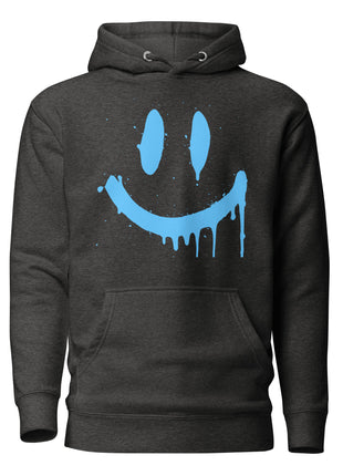 Smiley Face Hoodie featuring a blue smiley graphic on a dark gray background, perfect for chill vibes.