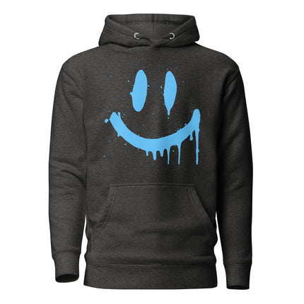 Smiley Face Hoodie – Premium Unisex Apparel for Chill Vibes featuring a blue smiley graphic on a charcoal background.