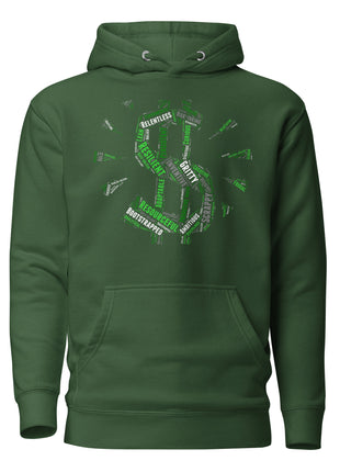 Entrepreneur Word Cloud Premium Hoodie in green featuring empowering words for ambitious individuals.