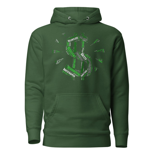 Entrepreneur Word Cloud | Premium Hoodie for Visionary Builders in green featuring motivational words.