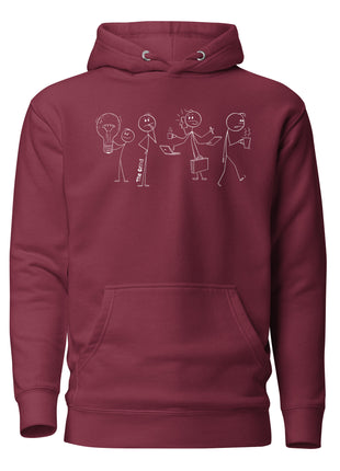 The entrepreneurial grind hoodie in burgundy with unique stick figure illustrations representing the hustle.