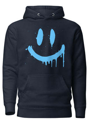 Smiley Face Hoodie featuring a blue smiley graphic on a navy background, perfect for unisex streetwear and chill vibes.